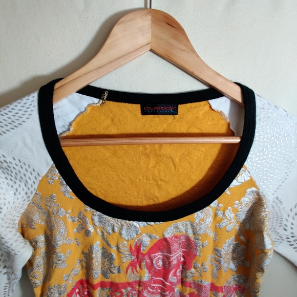 CUSTO BARCELONA White & Yellow Mid Sleeve Scoop Neck Traditional Design Shirt M - Picture 6 of 13